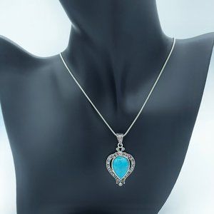 Sterling Silver Heart Imitation Turquoise Pendant Necklace